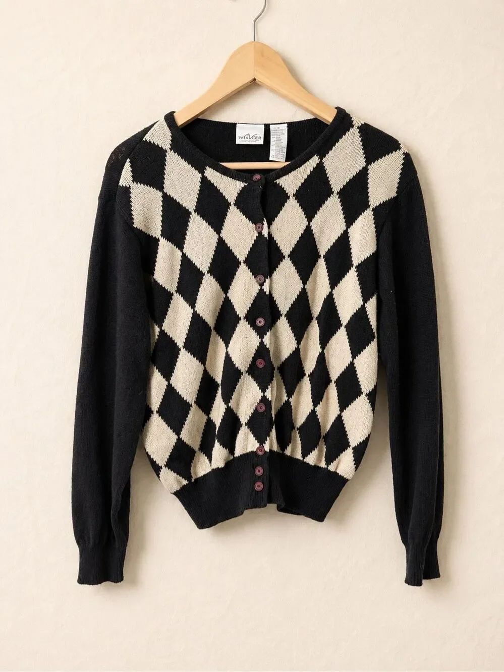 Vintage Liz Claiborne Argyle Cardigan Sweater Black Cream Ramie Cotton Size M